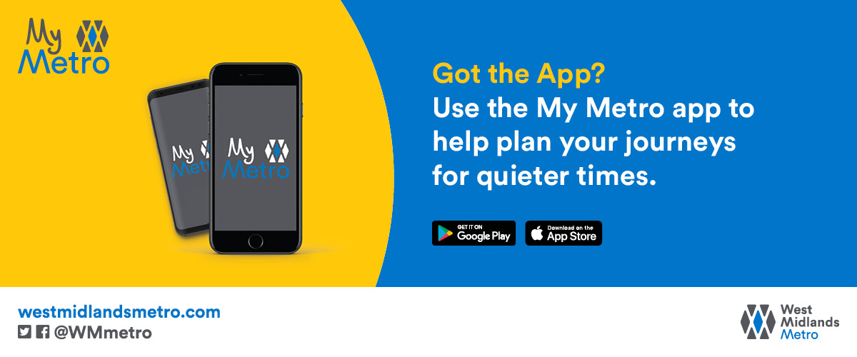 Got the app? Use the My Metro app to help plan your journeys for quieter times. - Graphic of two phones with My Metro logo on screen with download links