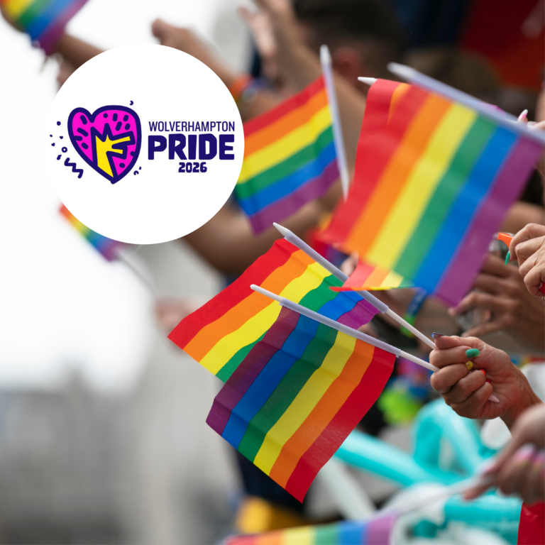 Wolverhampton Pride 2026. Pride flags being waved at pride.