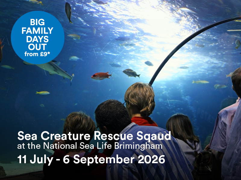 A family visiting a aquarium, A domed roof filled with water and fish.